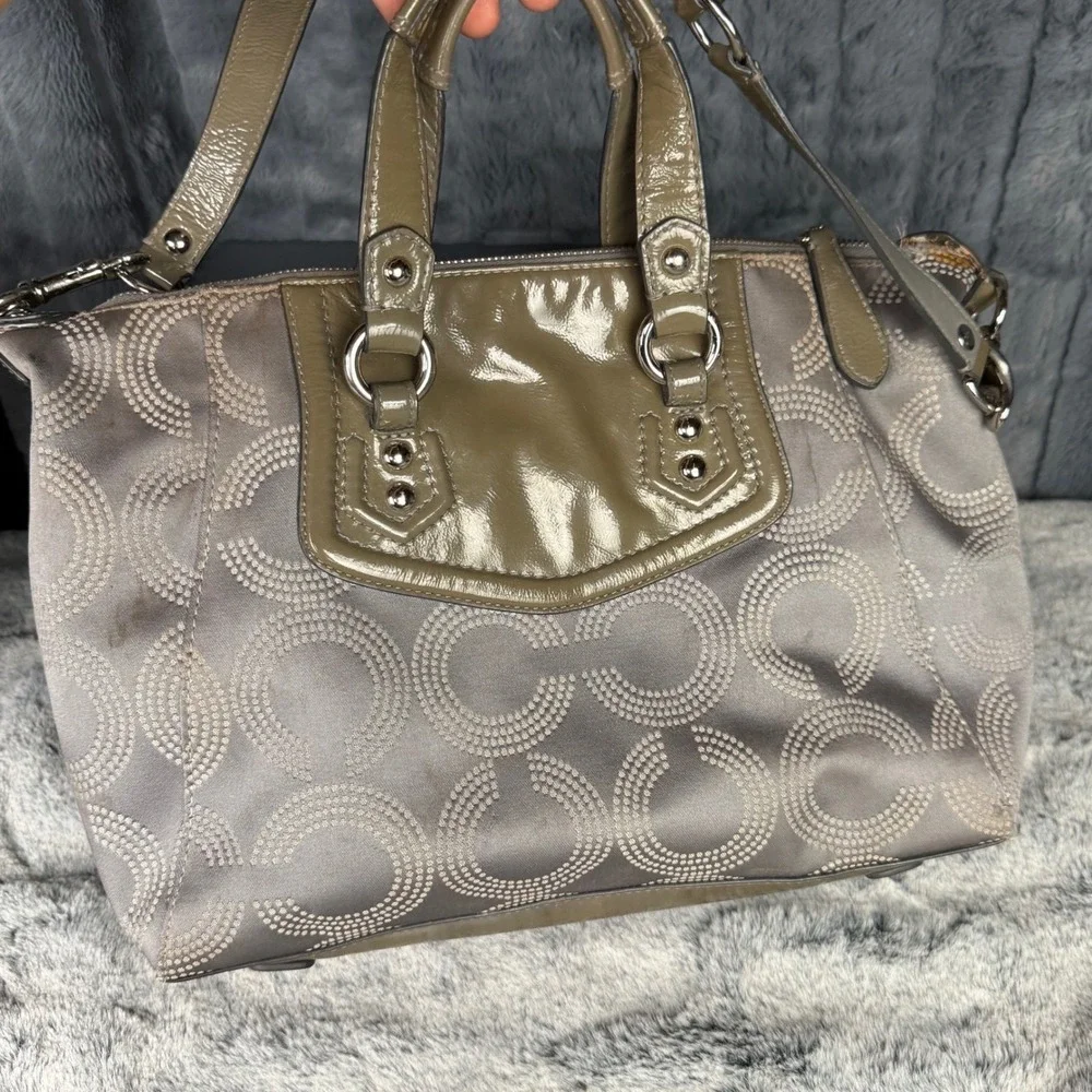 Coach Ashley Dotted Op Art Grey Olive Sateen Satchel Bag F20027